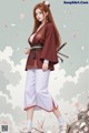 A woman in traditional attire with a sword, standing amidst cherry blossoms and clouds.