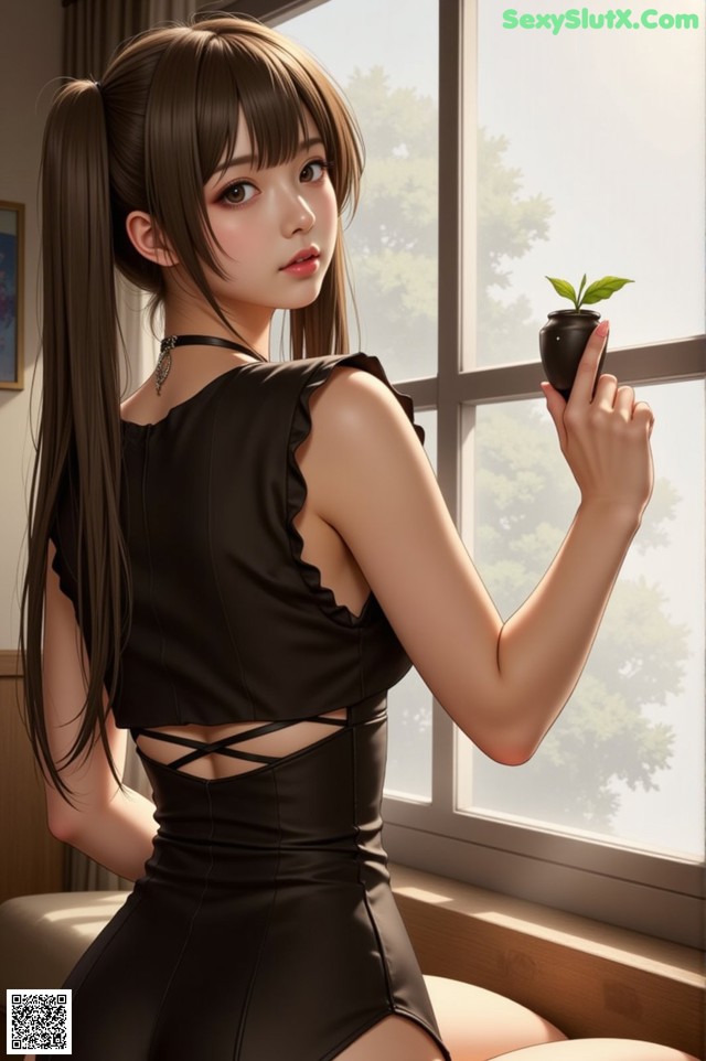 A woman in a black dress holding a plant in her hand.