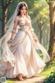 A woman in a wedding dress standing in a forest.