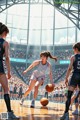 A group of young women playing a game of basketball.